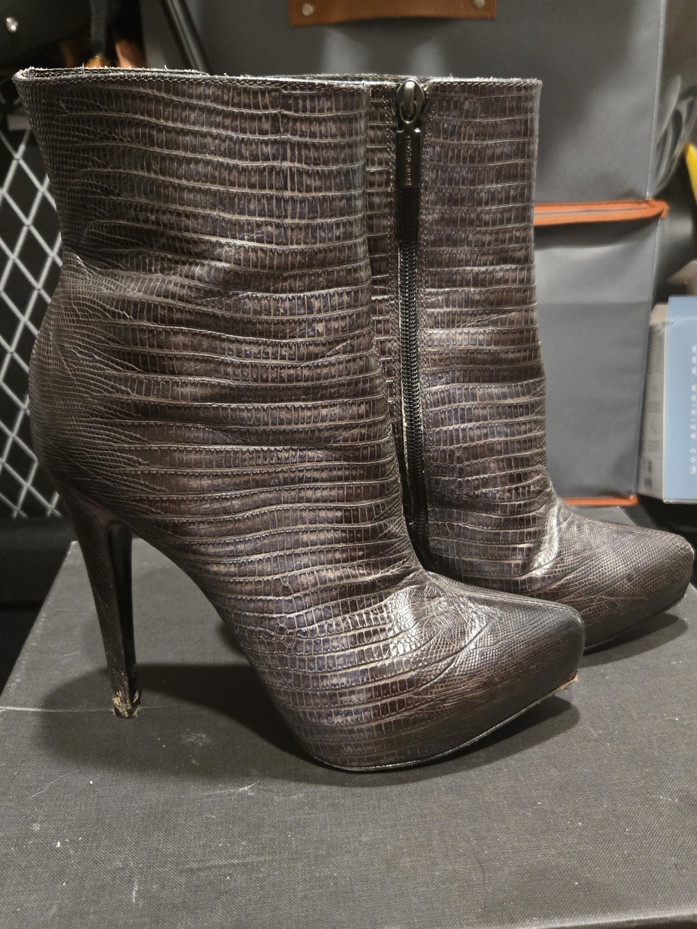 Bruno Magli Dark Brown Croc-Embossed Leather Ankle Boots
